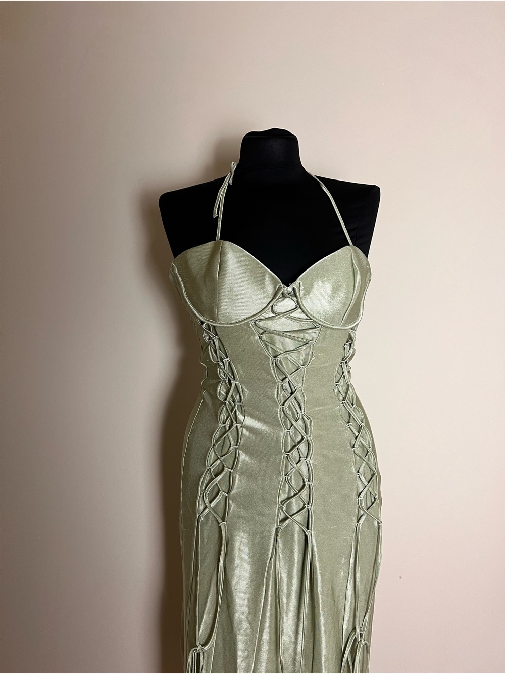 ASOS Sage Green Lace-Up Satin Halter Dress NWT